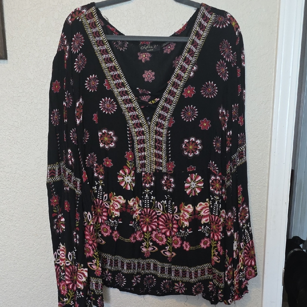 lola Black Blouse with Pink Floral Embroidery (Additional Pics For Measurements)